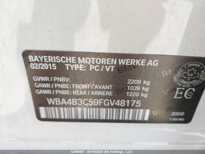 2015 BMW 435I Gran Coupe xDrive VIN: WBA4B3C59FGV48175 Lot: 12405467