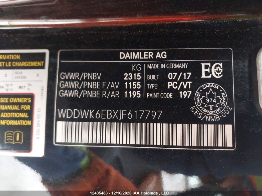 2018 Mercedes-Benz Amg C 43 4Matic VIN: WDDWK6EBXJF617797 Lot: 12405483