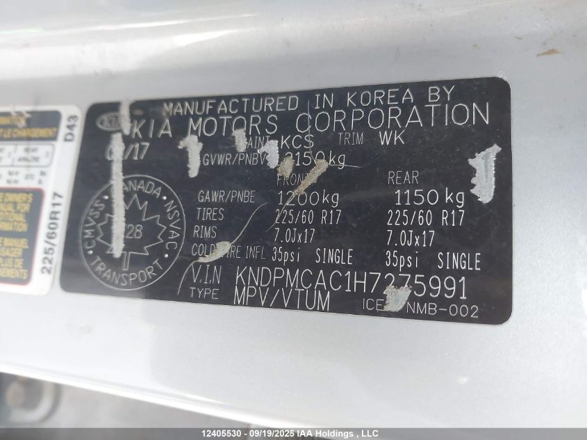 2017 Kia Sportage Lx VIN: KNDPMCAC1H7275991 Lot: 12405530