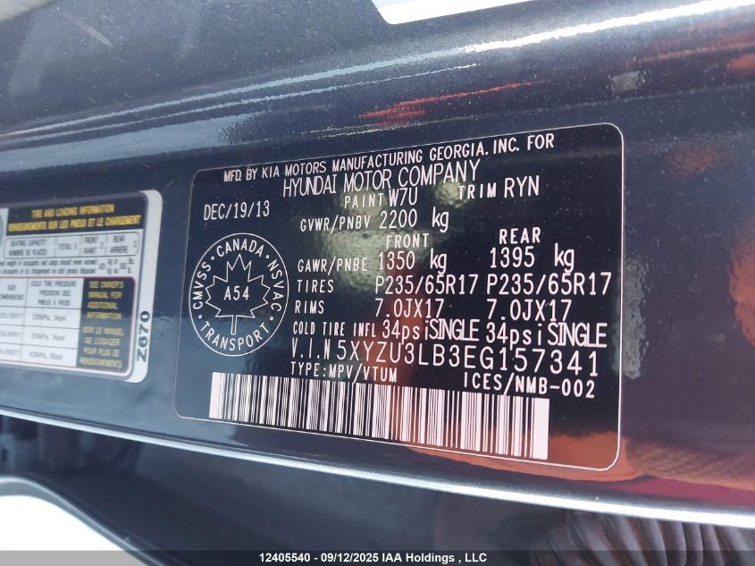 2014 Hyundai Santa Fe VIN: 5XYZU3LB3EG157341 Lot: 12405540