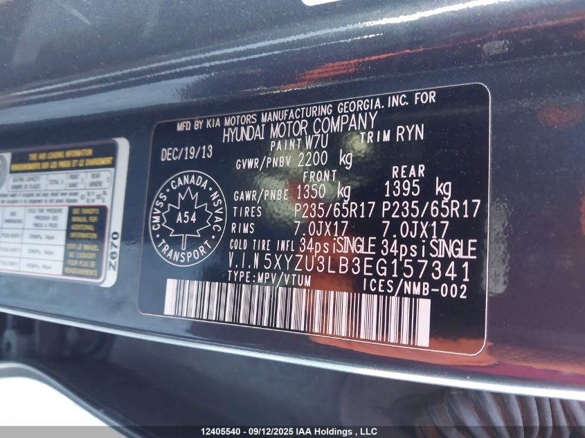 2014 Hyundai Santa Fe VIN: 5XYZU3LB3EG157341 Lot: 12405540