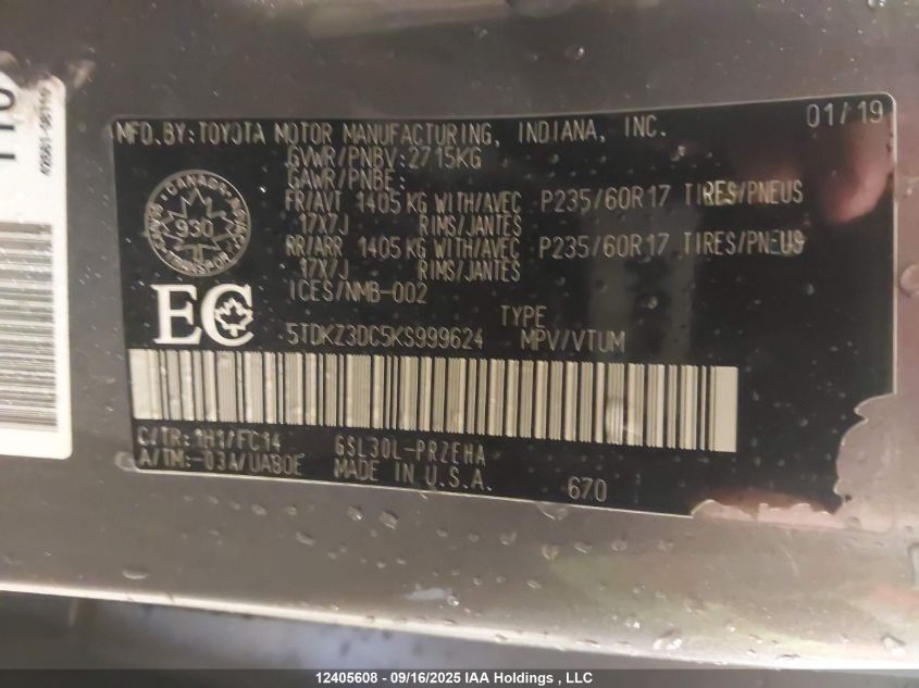 2019 Toyota Sienna Le VIN: 5TDKZ3DC5KS999624 Lot: 12405608