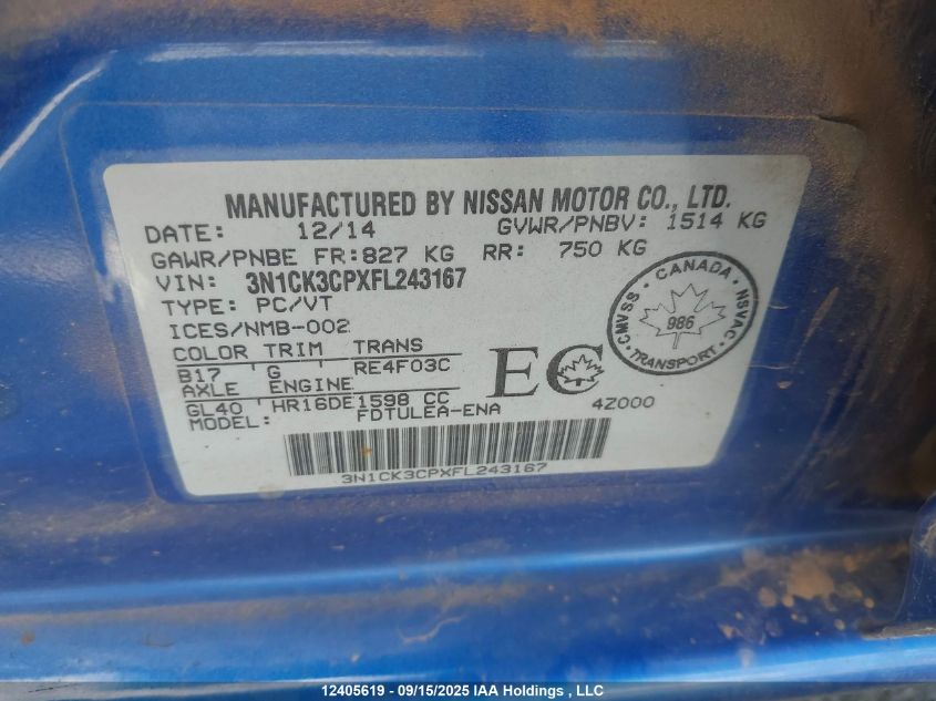 2015 Nissan Micra VIN: 3N1CK3CPXFL243167 Lot: 12405619