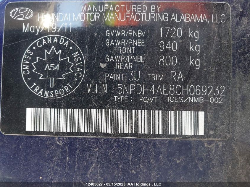 2012 Hyundai Elantra Gls/Limited VIN: 5NPDH4AE8CH069232 Lot: 12405627