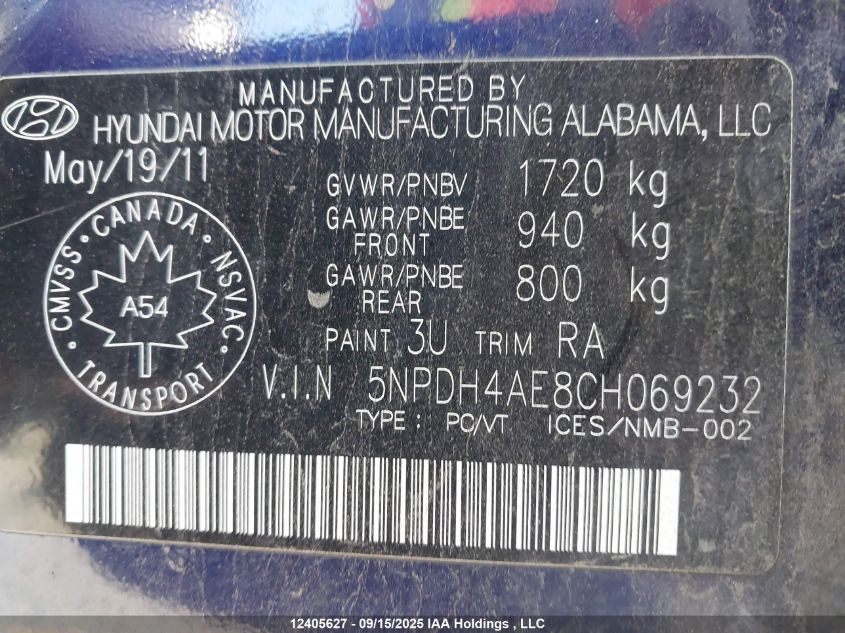 2012 Hyundai Elantra Gls/Limited VIN: 5NPDH4AE8CH069232 Lot: 12405627