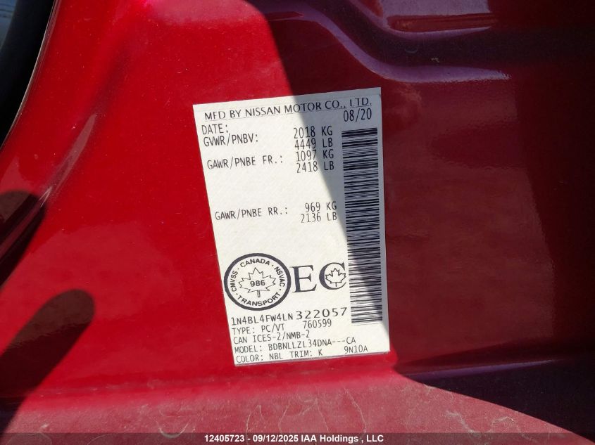 2020 Nissan Altima 2.5 Platinum VIN: 1N4BL4FW4LN322057 Lot: 12405723