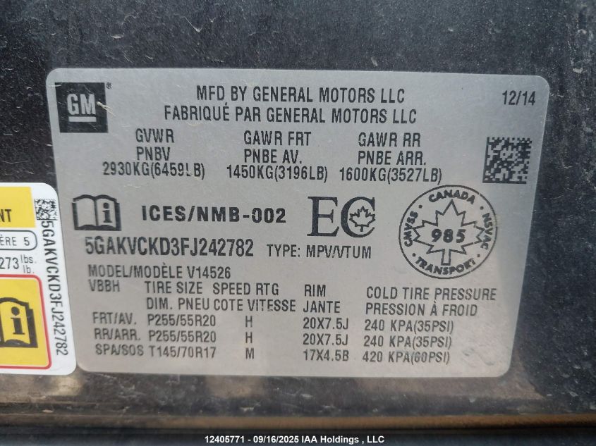 2015 Buick Enclave VIN: 5GAKVCKD3FJ242782 Lot: 12405771