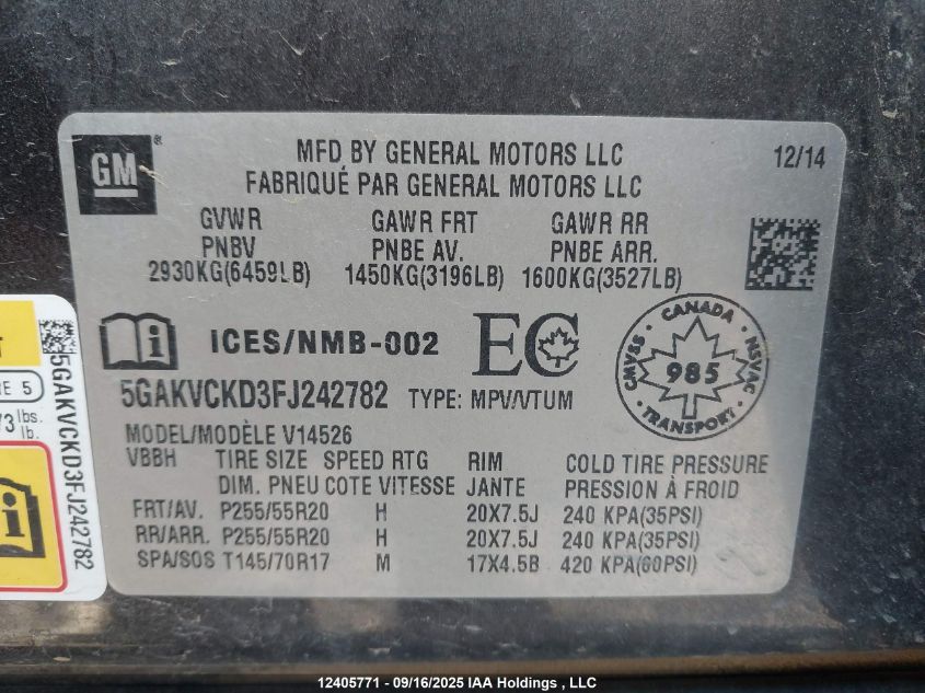 2015 Buick Enclave VIN: 5GAKVCKD3FJ242782 Lot: 12405771