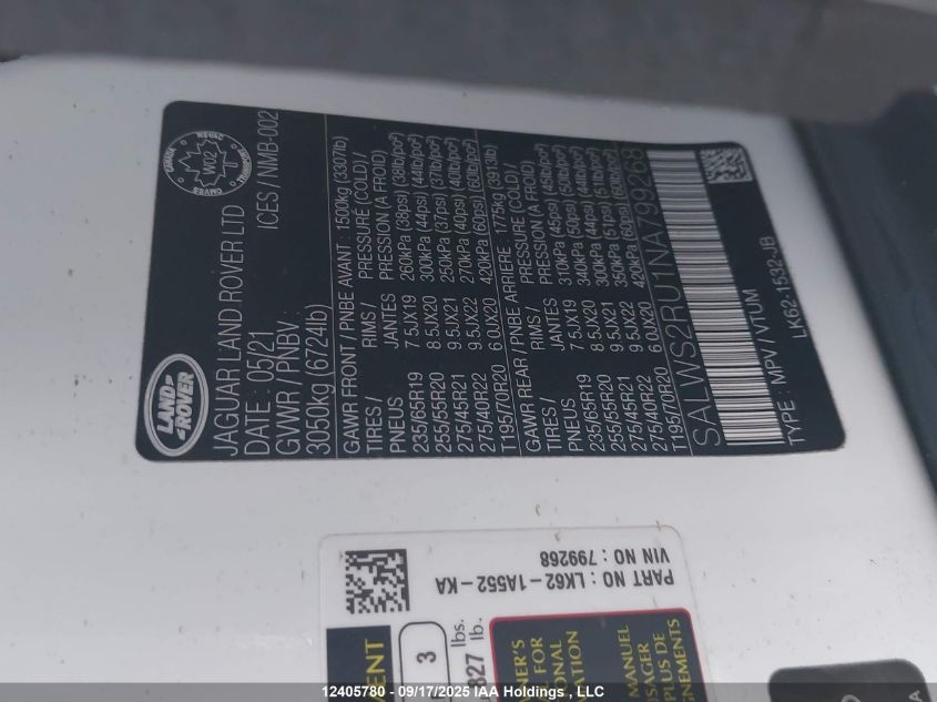 2022 Land Rover Range Rover Sport Hst VIN: SALWS2RU1NA799268 Lot: 12405780