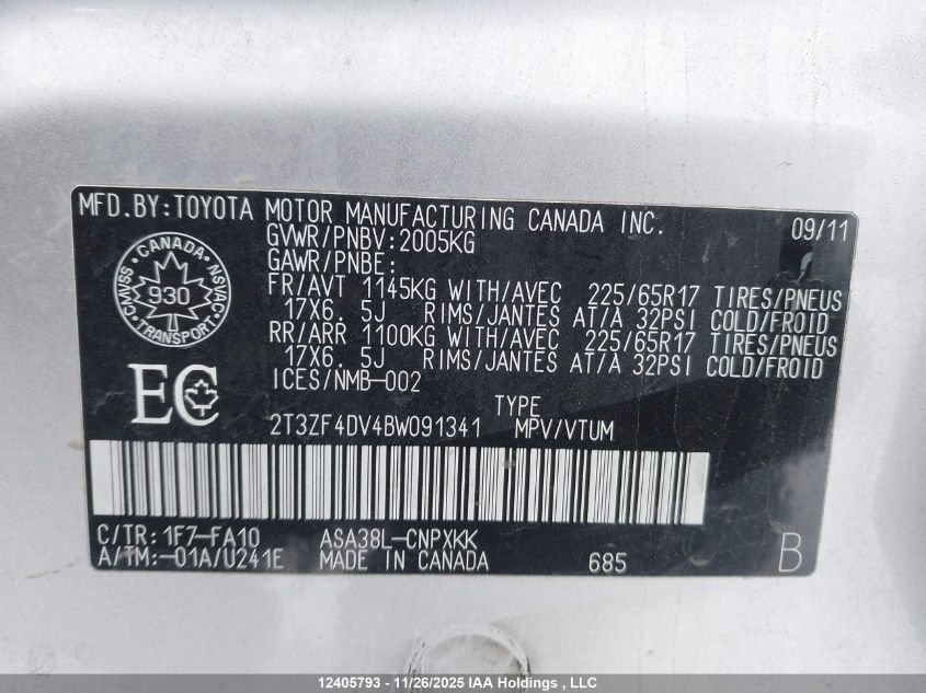 2011 Toyota Rav4 VIN: 2T3ZF4DV4BW091341 Lot: 12405793