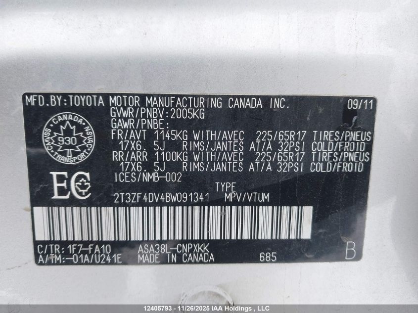 2011 Toyota Rav4 VIN: 2T3ZF4DV4BW091341 Lot: 12405793