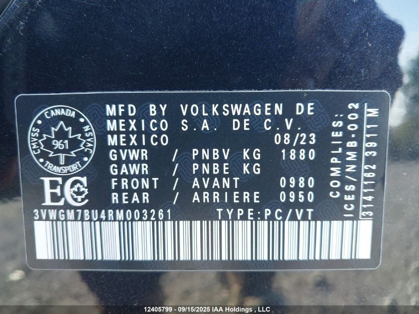 2024 Volkswagen Jetta Highline VIN: 3VWGM7BU4RM003261 Lot: 12405799