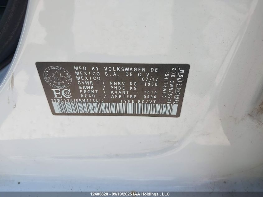 2017 Volkswagen Jetta Sedan VIN: 3VWL17AJ0HM415612 Lot: 12405828