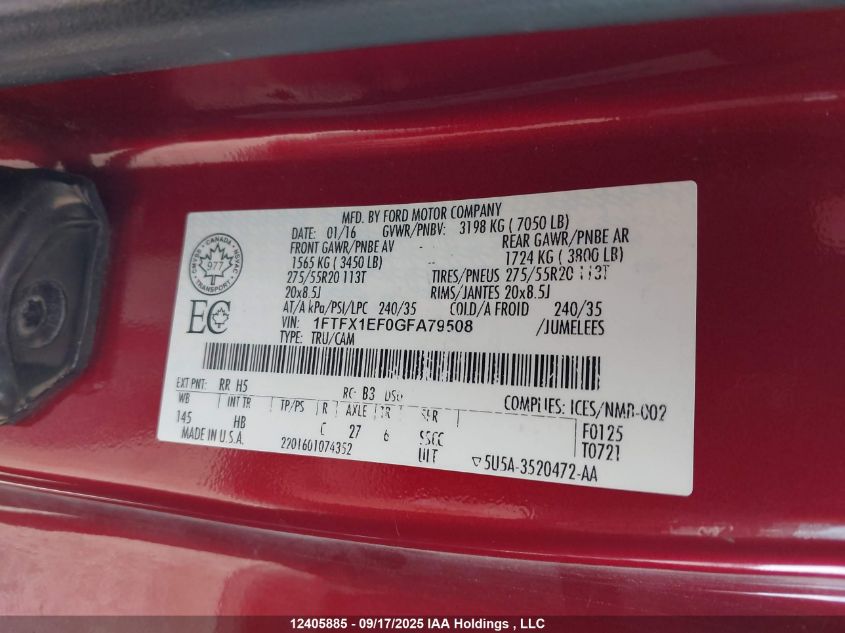 2016 Ford F-150 Lariat VIN: 1FTFX1EF0GFA79508 Lot: 12405885