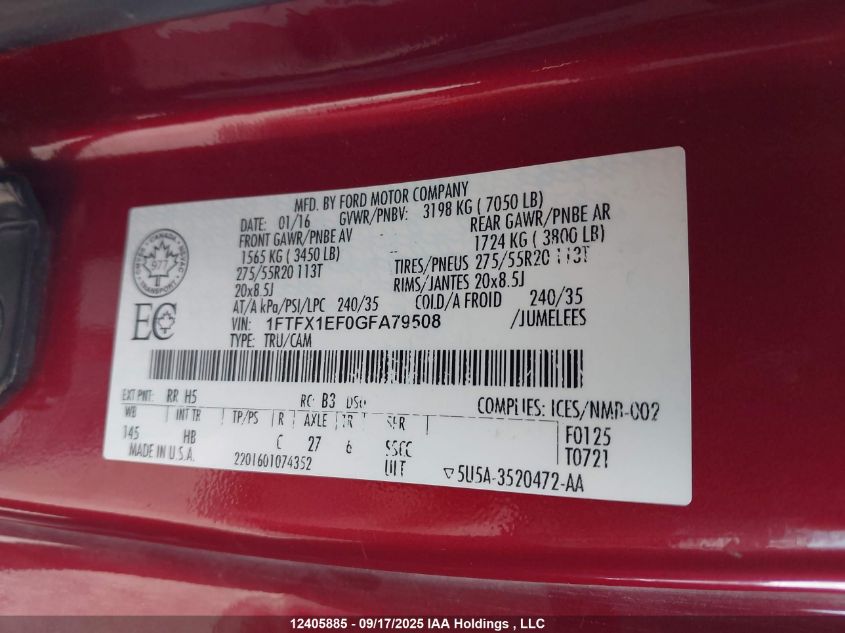 2016 Ford F-150 Lariat VIN: 1FTFX1EF0GFA79508 Lot: 12405885