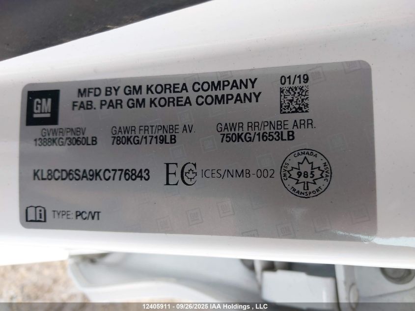 2019 Chevrolet Spark 1Lt VIN: KL8CD6SA9KC776843 Lot: 12405911