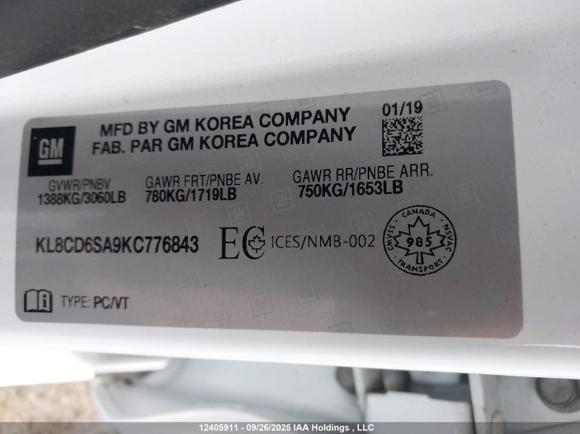 2019 Chevrolet Spark 1Lt VIN: KL8CD6SA9KC776843 Lot: 12405911