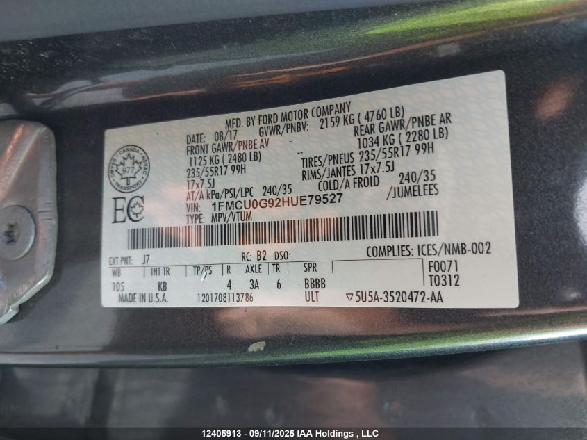 2017 Ford Escape VIN: 1FMCU0G92HUE79527 Lot: 12405913