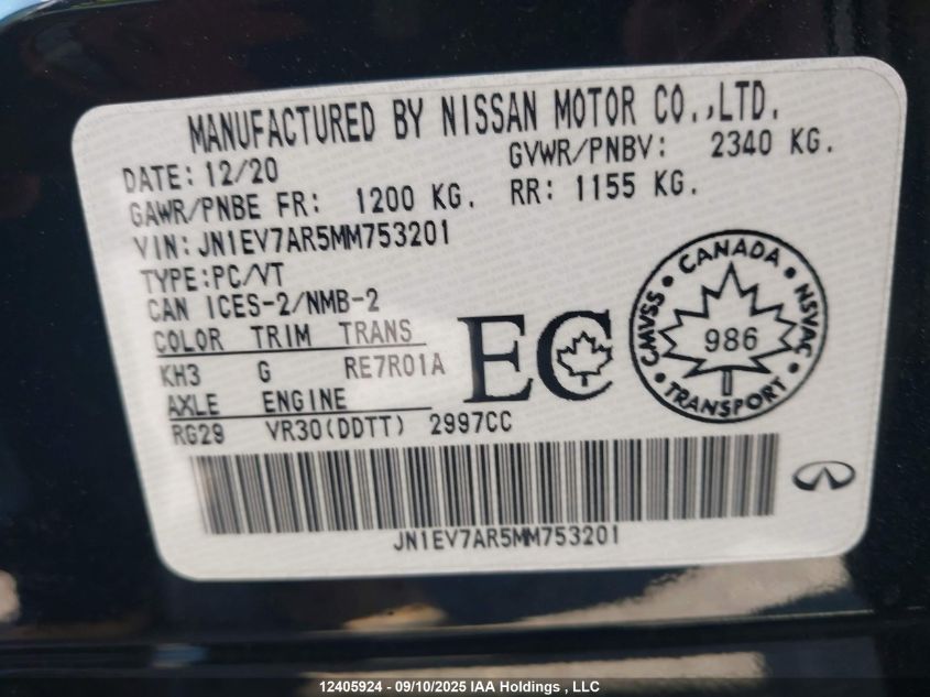 2021 Infiniti Q50 Pure VIN: JN1EV7AR5MM753201 Lot: 12405924