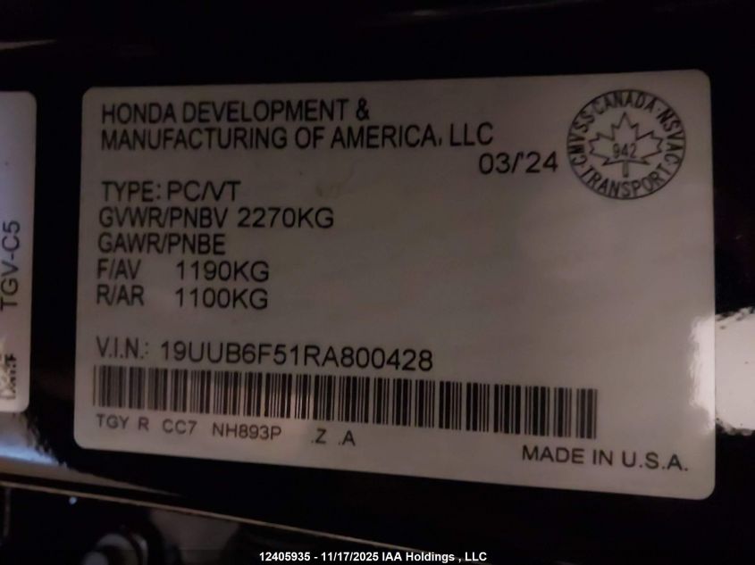 2024 Acura Tlx A-Spec VIN: 19UUB6F51RA800428 Lot: 12405935