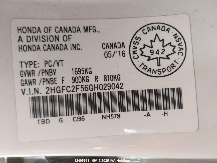 2016 Honda Civic Lx VIN: 2HGFC2F56GH029042 Lot: 12405981