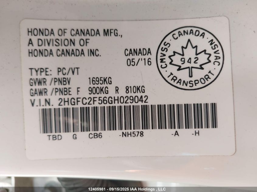 2016 Honda Civic Lx VIN: 2HGFC2F56GH029042 Lot: 12405981