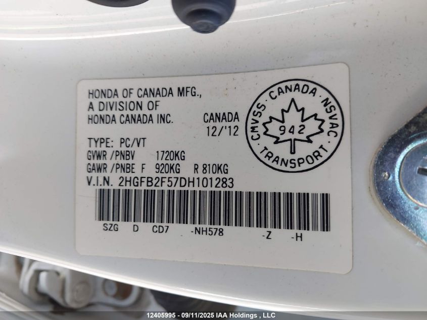 2013 Honda Civic Lx VIN: 2HGFB2F57DH101283 Lot: 12405995