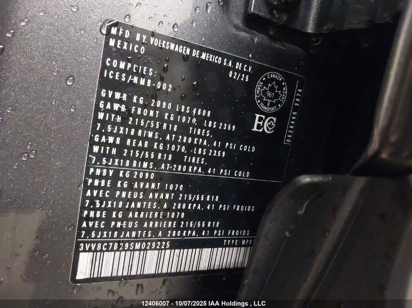 2025 Volkswagen Taos S VIN: 3VV8C7B29SM029225 Lot: 12406007