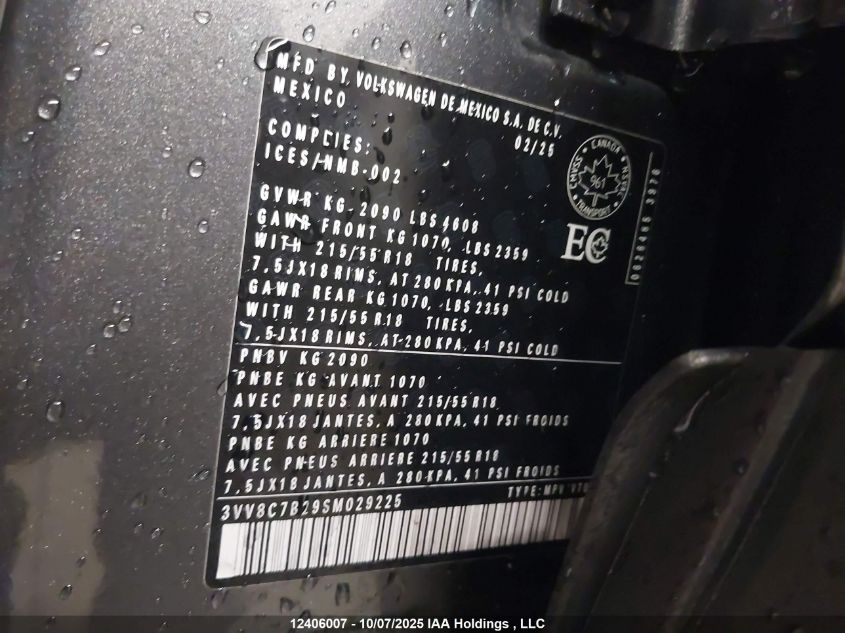 2025 Volkswagen Taos S VIN: 3VV8C7B29SM029225 Lot: 12406007