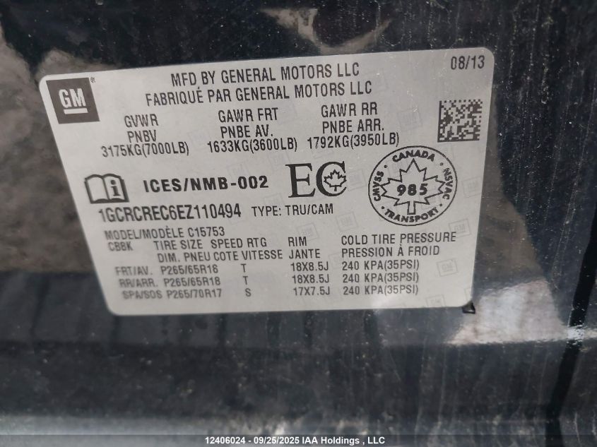 2014 Chevrolet Silverado 1500 Lt VIN: 1GCRCREC6EZ110494 Lot: 12406024