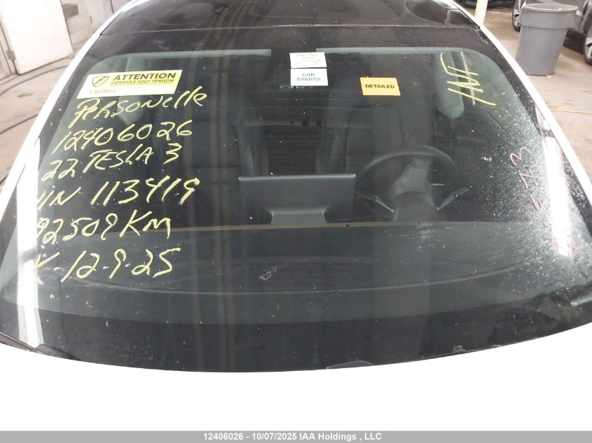 2022 Tesla Model 3 VIN: 5YJ3E1EB9NF113419 Lot: 12406026