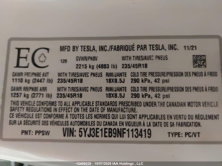2022 Tesla Model 3 VIN: 5YJ3E1EB9NF113419 Lot: 12406026