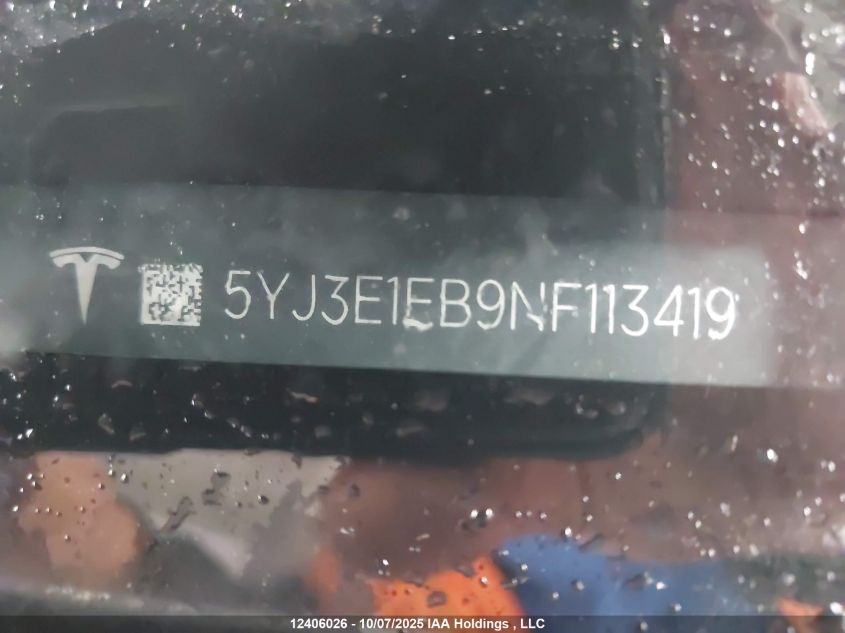 2022 Tesla Model 3 VIN: 5YJ3E1EB9NF113419 Lot: 12406026