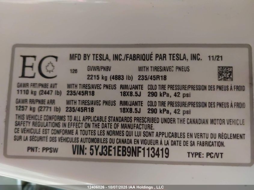 2022 Tesla Model 3 VIN: 5YJ3E1EB9NF113419 Lot: 12406026