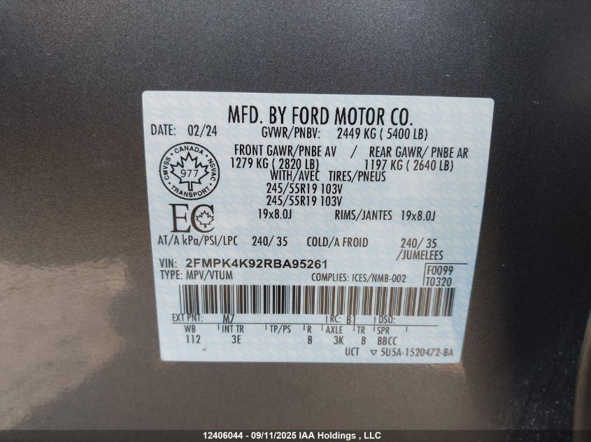 2024 Ford Edge Titanium VIN: 2FMPK4K92RBA95261 Lot: 12406044