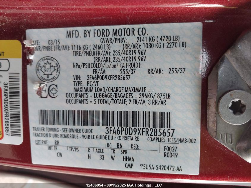 2015 Ford Fusion Titanium VIN: 3FA6P0D9XFR285657 Lot: 12406054