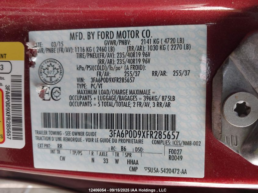 2015 Ford Fusion Titanium VIN: 3FA6P0D9XFR285657 Lot: 12406054