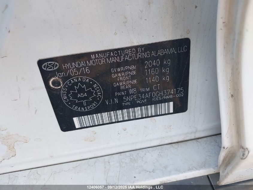 2016 Hyundai Sonata Sport/Limited VIN: 5NPE34AF0GH374175 Lot: 12406057