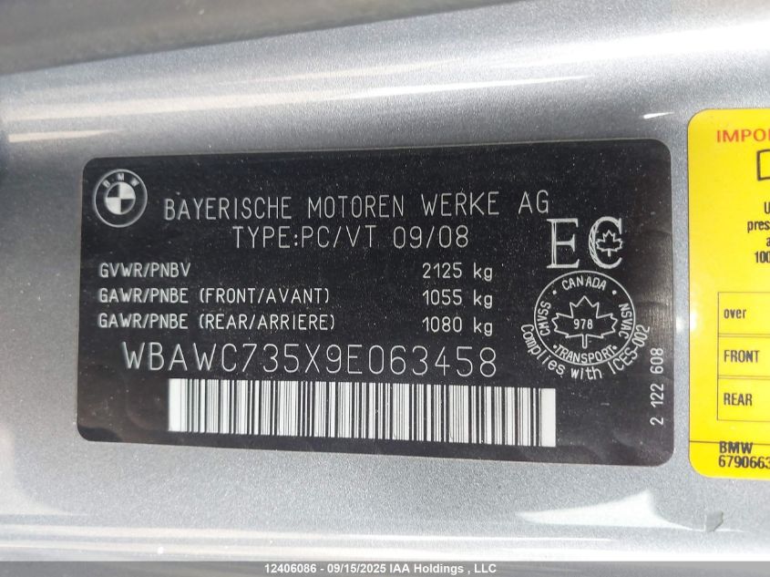 2009 BMW 335I xDrive VIN: WBAWC735X9E063458 Lot: 12406086
