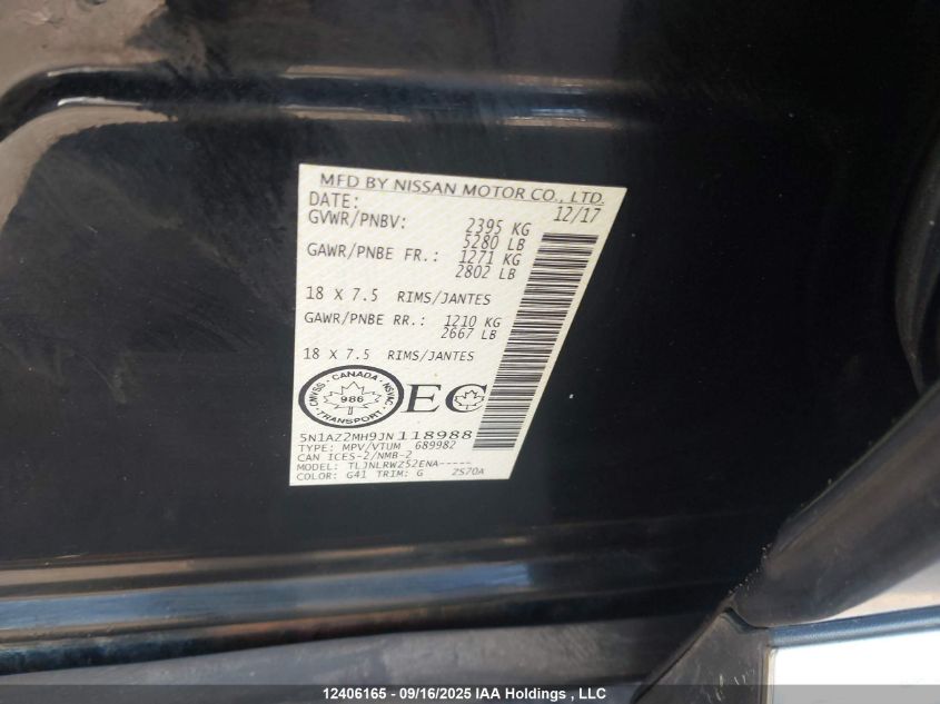 2018 Nissan Murano S/Sl/Sv/Platinum VIN: 5N1AZ2MH9JN118988 Lot: 12406165