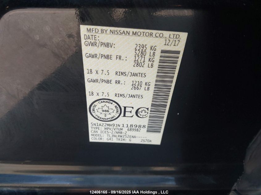 2018 Nissan Murano S/Sl/Sv/Platinum VIN: 5N1AZ2MH9JN118988 Lot: 12406165