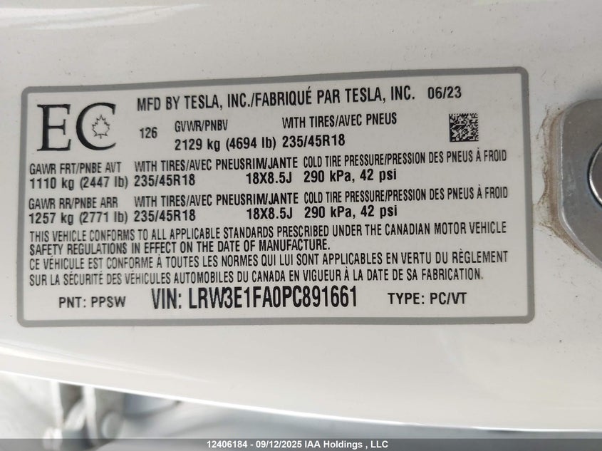LRW3E1FA0PC891661 2023 TESLA MODEL 3 photo no. 19