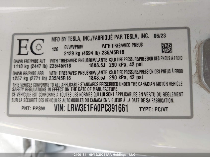 LRW3E1FA0PC891661 2023 TESLA MODEL 3 photo no. 9
