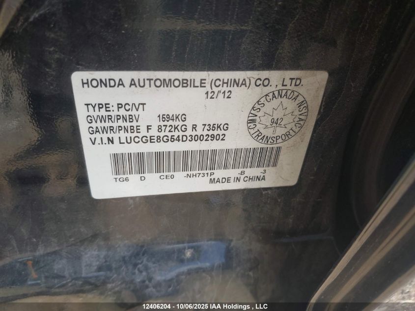 2013 Honda Fit VIN: LUCGE8G54D3002902 Lot: 12406204