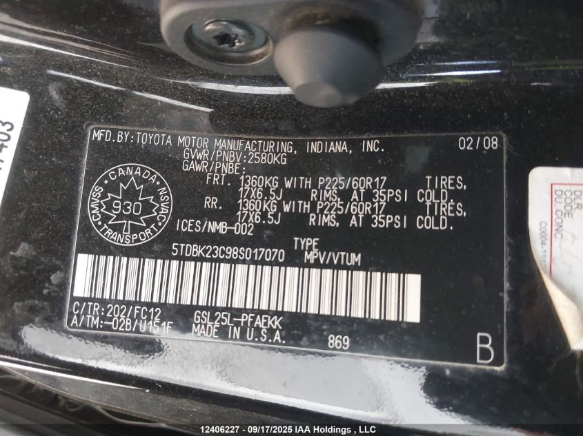 2008 Toyota Sienna Le 7 Passenger VIN: 5TDBK23C98S017070 Lot: 12406227