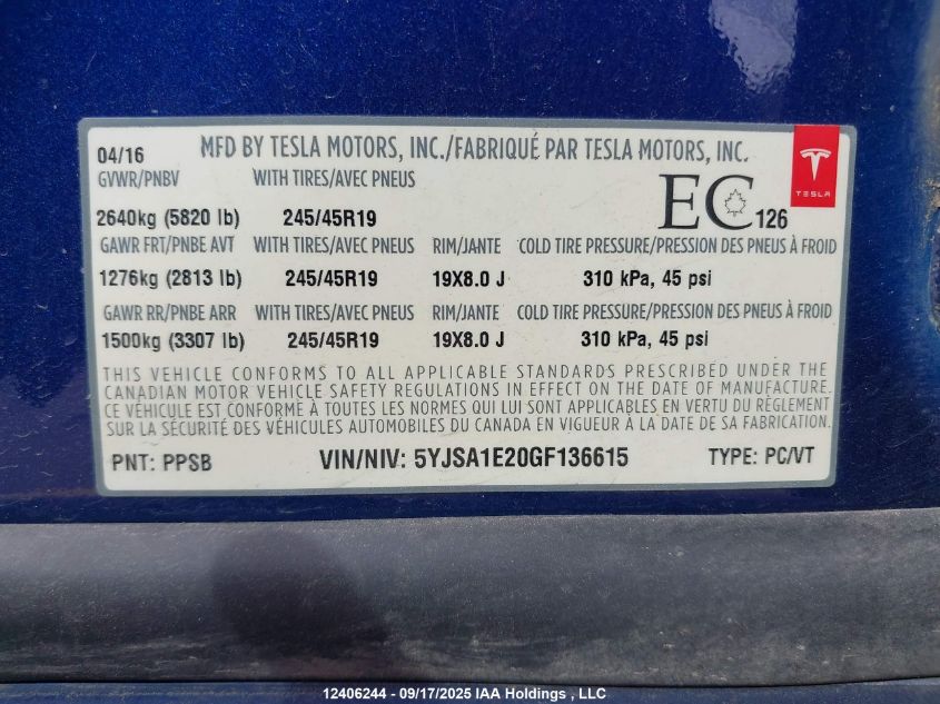 2016 Tesla Model S 60D/70D/75D/85D/90D VIN: 5YJSA1E20GF136615 Lot: 12406244
