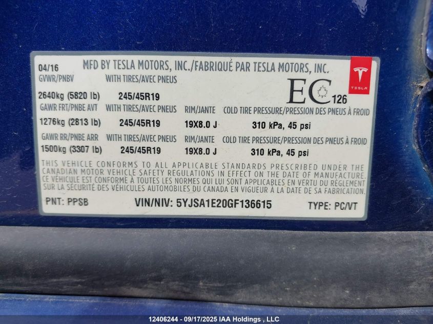 2016 Tesla Model S 60D/70D/75D/85D/90D VIN: 5YJSA1E20GF136615 Lot: 12406244