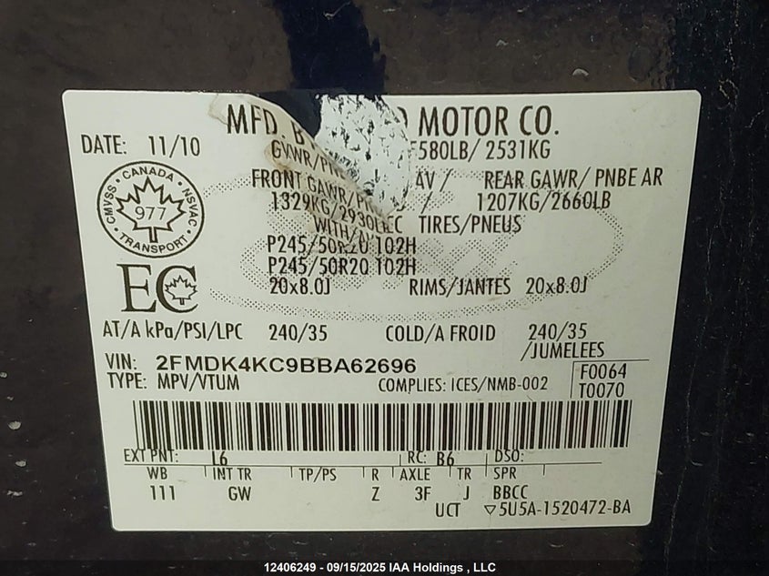 2FMDK4KC9BBA62696 2011 FORD EDGE photo no. 9