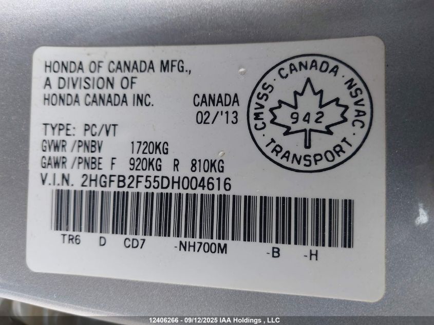 2013 Honda Civic Lx VIN: 2HGFB2F55DH004616 Lot: 12406266