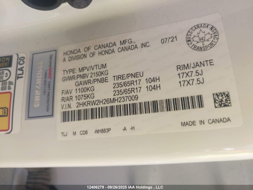 2021 Honda Cr-V Lx VIN: 2HKRW2H26MH237009 Lot: 12406279